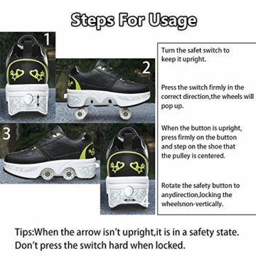 Fbestxie Inline Skates Casual Sneakers 2 in 1 Allrad-Deform Wheel Walk Dual Use Multifunktionale Mode Sneaker Deformationsschuhe Für Kinder Jungen Mädchen Rollschuhe,Black Green,38 - 4