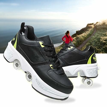 Fbestxie Inline Skates Casual Sneakers 2 in 1 Allrad-Deform Wheel Walk Dual Use Multifunktionale Mode Sneaker Deformationsschuhe Für Kinder Jungen Mädchen Rollschuhe,Black Green,38 - 5