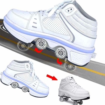 Fbestxie LED Rollschuhe Mit Räder,Mädchen Quad Roller Skates Damen Skate Roller,2-In-1- Skate Schuhe Sportschuhe Multifunktionale Deformation Schuhe Für Unsichtbare Schuhe Fersenroller Kinder,Weiß,36 - 8