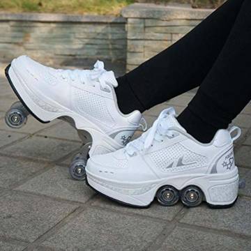 Fbestxie Roller Skates, verstellbar, Inlineskates für Kinder, vier Rollen, Mädchen, Schuhe mit Rollen, Deform Wheels Skates Kick Roller Shoe, Walking Skates Männer Frauen, Weiß - weiß - Größe: 41 EU - 5