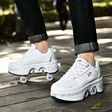 FLY FLU Schuhe Mit Rollen Skateboardschuhe,Inline-Skate,2-in-1-Mehrzweckschuhe,Verstellbare Quad-Rollschuh-Stiefel-Männliche Und Weibliche Paare 35-43EU,White-38 - 7