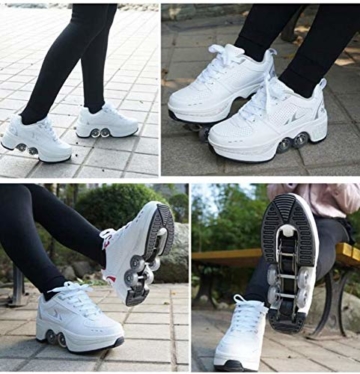 ZZ Inline-Skate Rollschuh Roller Skates Lauflernschuhe,Sneakers,2in1 Mehrzweckschuhe Schuhe Mit Rollen Skateboardschuhe,Inline-Skate,Verstellbare Quad-Rollschuh Stiefel Skateboardschuhe,White-EU34 - 7