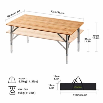 ATEPA Bamboo Klapptisch 4 Falten Tisch Mit 2 Verstellbaren Höhen Leichte Beine aus Aluminiumlegierung Anti UV Beschichtung mit Tragetasche für 2 bis 6 Personen Camping Garden - 5