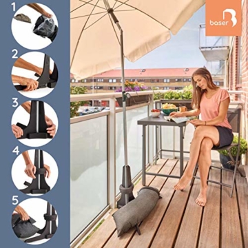Baser Sonnenschirmständer für Balkon Wand mit befüllbarem Sandsack am Balkongeländer, Alternativ Sonnenschirm Balkonhalterung oder befestigung ohne bohren, für kleine sonnenschirme (20 KG, Dunkelgrau) - 2