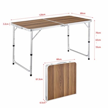 casa.pro Höhenverstellbarer Klapptisch 120x60x55/63/70 cm Multifunktionstisch Gartentisch Klappbarer Campingtisch Multifunktions-Klapptisch Falttisch bis zu 30 kg Aluminiumgestell Walnuss - 2