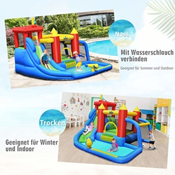 COSTWAY 7 in 1 Hüpfburg + 450W Gebläse Kombination mit Wasserrutsche, Aufblasbares Springburg Hüpfschloss Outdoor Bouncer Spielpool Luftgebläse inkl. Tragetasche, Pfähle, Reparaturpaket 350x315x245cm - 3