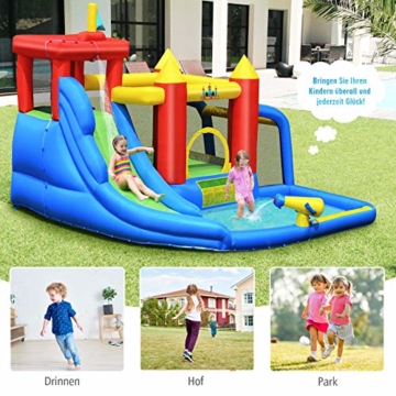 COSTWAY 7 in 1 Hüpfburg + 450W Gebläse Kombination mit Wasserrutsche, Aufblasbares Springburg Hüpfschloss Outdoor Bouncer Spielpool Luftgebläse inkl. Tragetasche, Pfähle, Reparaturpaket 350x315x245cm - 6