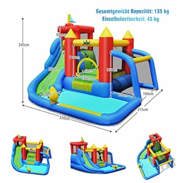 COSTWAY 7 in 1 Hüpfburg + 450W Gebläse Kombination mit Wasserrutsche, Aufblasbares Springburg Hüpfschloss Outdoor Bouncer Spielpool Luftgebläse inkl. Tragetasche, Pfähle, Reparaturpaket 350x315x245cm - 8
