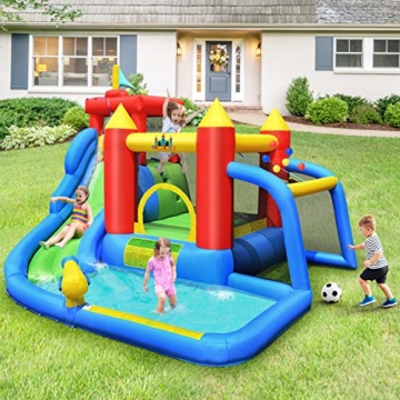 COSTWAY 7 in 1 Hüpfburg + 450W Gebläse Kombination mit Wasserrutsche, Aufblasbares Springburg Hüpfschloss Outdoor Bouncer Spielpool Luftgebläse inkl. Tragetasche, Pfähle, Reparaturpaket 350x315x245cm - 9
