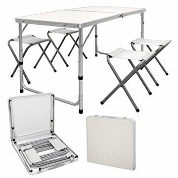 ECD Germany Campingtisch Set mit 4 Hocker - 120 x 60 x 55/63/70 cm höhenverstellbar - klappbar - Weiß/Creme - aus Aluminium und MDF - Campingmöbel Set Klappmöbel Klapptisch Falttisch - 1