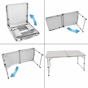 ECD Germany Campingtisch Set mit 4 Hocker - 120 x 60 x 55/63/70 cm höhenverstellbar - klappbar - Weiß/Creme - aus Aluminium und MDF - Campingmöbel Set Klappmöbel Klapptisch Falttisch - 5