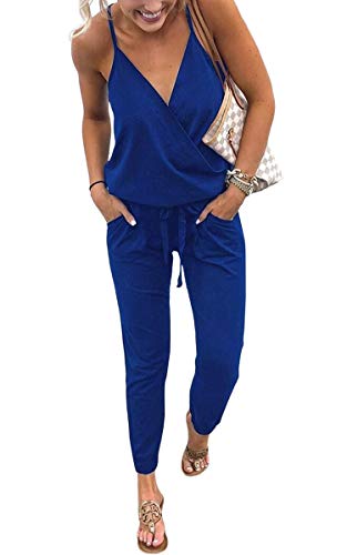 ECOWISH Damen Jumpsuit Lang V Ausschnitt Overall Sommer Ärmellos Hosenanzug Träger Playsuit Romper Blau S - 1