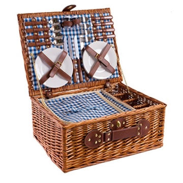 eGenuss LY12041BLU Handgefertigtes Picknickkorb für 4 Personen - Inklusive Edelstahlbesteck, Kühlfach, Weingläser und Keramikteller – Blaues Gingham-Muster 47x34x20 cm - 1