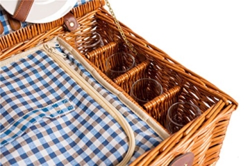 eGenuss LY12041BLU Handgefertigtes Picknickkorb für 4 Personen - Inklusive Edelstahlbesteck, Kühlfach, Weingläser und Keramikteller – Blaues Gingham-Muster 47x34x20 cm - 7