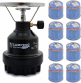 Elfmonkey Campingkocher E190 | Set aus Metall-Gaskocher & Gas | ideal für unterwegs: Modell: Schwarz + 8X Gaskartusche - 1