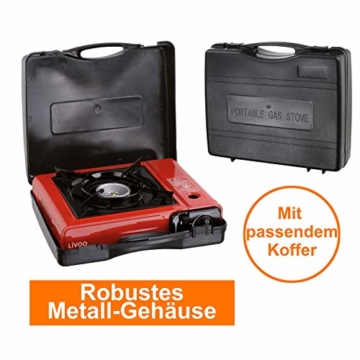 Gaskocher Campingkocher 1-flammig Piezo-Zündung Alu-Brenner Transportkoffer (2 kW Gaskochplatte, Außen-Kochstelle, 1 Flamme, Herdplatten, Rot) - 2