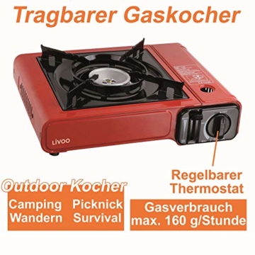 Gaskocher Campingkocher 1-flammig Piezo-Zündung Alu-Brenner Transportkoffer (2 kW Gaskochplatte, Außen-Kochstelle, 1 Flamme, Herdplatten, Rot) - 6