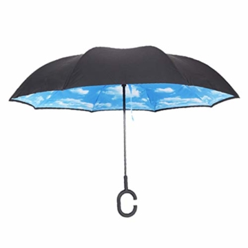Hellery Reverse Regenschirm mit C-Griff, Umgedrehter Golfschirm, Stockschirm, Autofahrerschirm, Double Layer Inverted Umbrella - Blauer Himmel Weiße Wolke - 1