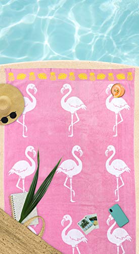 jilda-tex Strandtuch 90x180 cm Badetuch Strandlaken Handtuch 100% Baumwolle Velours Frottier Pflegeleicht (Flamingo Tropical) - 3