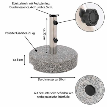 Nexos Sonnenschirmständer Grau rund 25 kg standfest poliertes Granit Edelstahlrohr mit Reduzierhülsen poliert 38x38 cm - 6