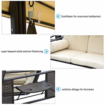 Outsunny 3-Sitzer Hollywoodschaukel Gartenschaukel mit Sonnendach + Kissen Metall + Polyester Beige + Braun 124,5 x 206 x 180 cm - 3