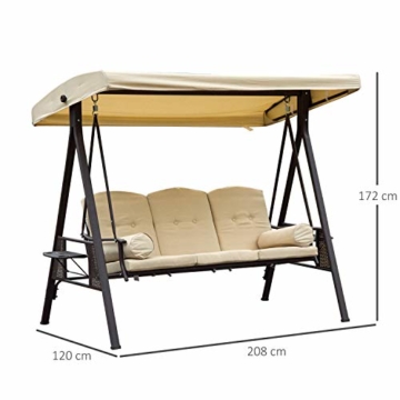 Outsunny 3-Sitzer Hollywoodschaukel Gartenschaukel mit Sonnendach + Kissen Metall + Polyester Beige + Braun 124,5 x 206 x 180 cm - 4