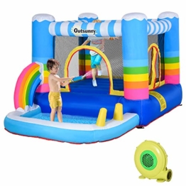 Outsunny Aufblasbare Hüpfburg mit Rutsche für 3 Kinder Springburg mit Gebläse für 3-12 Jahre Kindergarten Oxford-, Polyester-Gewebe Mehrfarbig 290 x 200 x 155 cm - 1