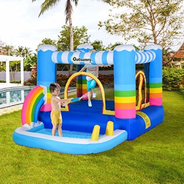 Outsunny Aufblasbare Hüpfburg mit Rutsche für 3 Kinder Springburg mit Gebläse für 3-12 Jahre Kindergarten Oxford-, Polyester-Gewebe Mehrfarbig 290 x 200 x 155 cm - 4