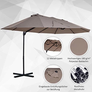 Outsunny Sonnenschirm mit Kurbel, Doppelschirm, Verstellbarer Gartenschirm, Sonnenschutz, Metall, Braun, 460 x 270 x 250 cm - 4