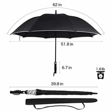 Regenschirm 62 Zoll Größe XXL Schirm Leicht Fiberglas Golfschirm mit Reflexstreifen Automatik Öffnen Stockschirme Windfeste und Sturmsicher Partnerschirm (Schwarz) - 4