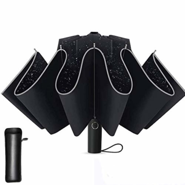 Regenschirm Groß, Lzfitpot 41 Inches Taschenschirm Sturmfest bis 140 km/h, Winddicht, Auf-Zu Automatik, Extra Stabil 210T Nylon Umbrella, mit Reflektierende Streifen für Sicherheit, 10 Ribs, Schwarz - 1