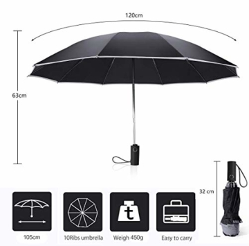 Regenschirm Groß, Lzfitpot 41 Inches Taschenschirm Sturmfest bis 140 km/h, Winddicht, Auf-Zu Automatik, Extra Stabil 210T Nylon Umbrella, mit Reflektierende Streifen für Sicherheit, 10 Ribs, Schwarz - 5