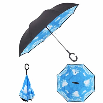 sharprepublic Umgedrehter Regenschirm mit C-Griff, Reverse Regenschirm umgekehrter Schirm Inside Out öffnet anders herum Golfschirm Stockschirm - Blauer Himmel Weiße Wolke - 8
