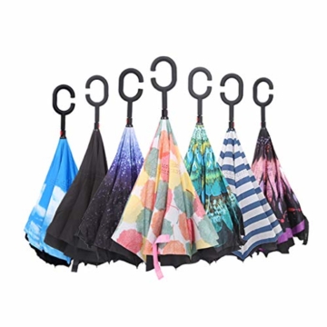 sharprepublic Umgedrehter Regenschirm mit C-Griff, Reverse Regenschirm umgekehrter Schirm Inside Out öffnet anders herum Golfschirm Stockschirm - Blauer Himmel Weiße Wolke - 9