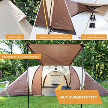Skandika Kuppelzelt Daytona 6 Personen | Familienzelt mit 3 Schlafkabinen, 3000 mm Wassersäule, 195 cm Stehhöhe, Moskitonetze, Sonnensegel | Campingzelt für Familie und Freunde (beige/braun) - 7