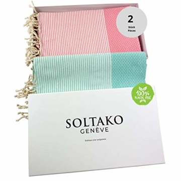 SOLTAKO XXL 2X Fouta Strandtuch Handtuch Saunatuch Badetuch Hamamtuch Yoga Decke Pestemal in Kirschblütenrosa & Mint Farben als 2er Geschenkset extra groß, 100 x 200 cm - 1