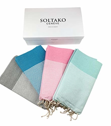 SOLTAKO XXL 2X Fouta Strandtuch Handtuch Saunatuch Badetuch Hamamtuch Yoga Decke Pestemal in Kirschblütenrosa & Mint Farben als 2er Geschenkset extra groß, 100 x 200 cm - 6