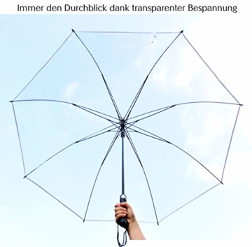Sternenfunke Regenschirm sehr groß XXXL Ø150 cm transparent, Komfort Druckknopf, mit Tragehülle, Automatik, Perfekt als durchsichtiger Partnerschirm, Hochzeitsschirm oder Golfschirm - Rand weiß - 7