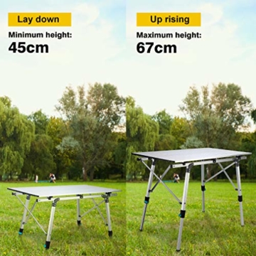 Synlyn Tragbar Campingtisch Klapptisch 90 x 52 x (45-67) cm Aluminium Camping Tisch Falttisch Reisetisch für Camping Outdoor Picknick BBQ Wandern Reise Angeln - Silber, Schwarz - 6