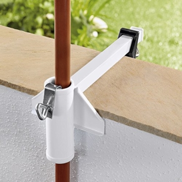 TRI Sonnenschirm-Butler, Balkonschirmhalterung für die Befestigung an Breiten Balkongeländern, weiß lackierter Stahl, für Gartenschirme bis Ø 38 mm | Sonnenschirmhalter - 1
