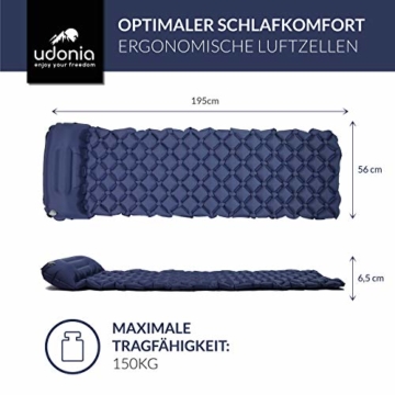 udonia Isomatte - ultraleichte Luftmatratze (blau) für Camping & Outdoor - mit Kopfkissen, praktischem Tragebeutel, Pumpe & Reparatur-Set - 2