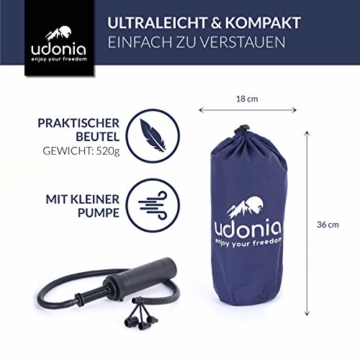 udonia Isomatte - ultraleichte Luftmatratze (blau) für Camping & Outdoor - mit Kopfkissen, praktischem Tragebeutel, Pumpe & Reparatur-Set - 4