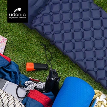 udonia Isomatte - ultraleichte Luftmatratze (blau) für Camping & Outdoor - mit Kopfkissen, praktischem Tragebeutel, Pumpe & Reparatur-Set - 5
