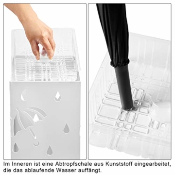 WOLTU Regenschirmständer aus Eisen, Schirmständer mit Wasserauffangschale, 4 Haken für Taschenschirme, L20 x B20 x H49cm, Weiß Rechteck SST02ws - 6