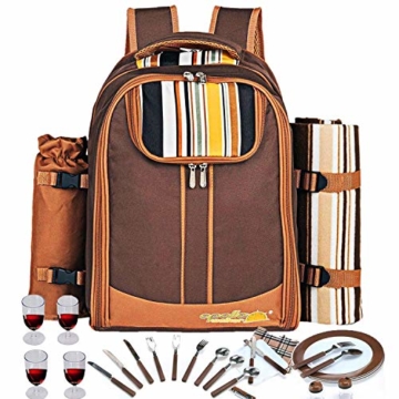 apollo walker Picknick-Rucksack für 4 Personen mit Kühlfach, abnehmbarem Flaschen-/Weinhalter, Fleece-Decke, Teller und Besteck-Set, perfekt für Outdoor, Sport, Wandern, Camping, Grillen (Kaffee) - 2