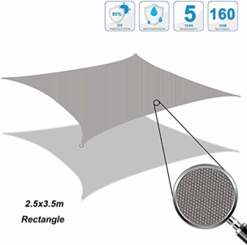 Cool Area Sonnensegel Wasserdicht Rechteckig 2.5 x 3.5 Meter, Sonnenschutz Wasserabweisend Polyester für Garten und Balkon, Grau - 2