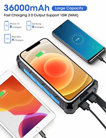 DJROLL 36000mAh Qi Wireless Solar Powerbank mit 4 USB/Typ C Ausgängen und LED-Lampe, Tragbares Outdoor Wasserdichtem Power Bank Solarpanel Kompatibel für iPhone Samsung Smartphones - 2