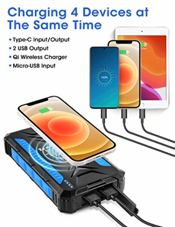 DJROLL 36000mAh Qi Wireless Solar Powerbank mit 4 USB/Typ C Ausgängen und LED-Lampe, Tragbares Outdoor Wasserdichtem Power Bank Solarpanel Kompatibel für iPhone Samsung Smartphones - 3