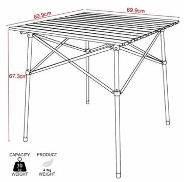 EVER ADVANCED Campingtisch Klapptisch mit Aluminium Tischplatte faltbar leicht klappbar tragbar mit Tragetasche 70 x 70cm für Camping Garten Party Picknick Balkon braun - 5