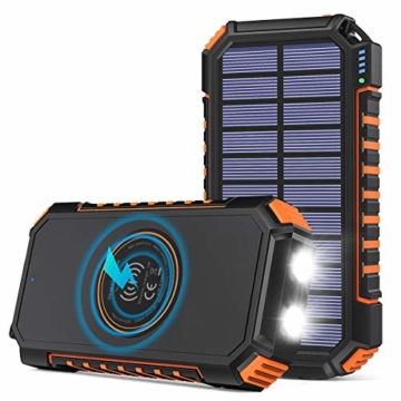 Hiluckey Wireless Solar Powerbank 26800mAh Wasserdichtes Solar Ladegerät USB C Externer Akku mit 4 Outputs, Qi Power Bank für iPhone, Samsung, Huawei, iPad und mehr - 1